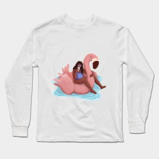 Girl Summer Illustration, Pink Flamingo Floaty Long Sleeve T-Shirt